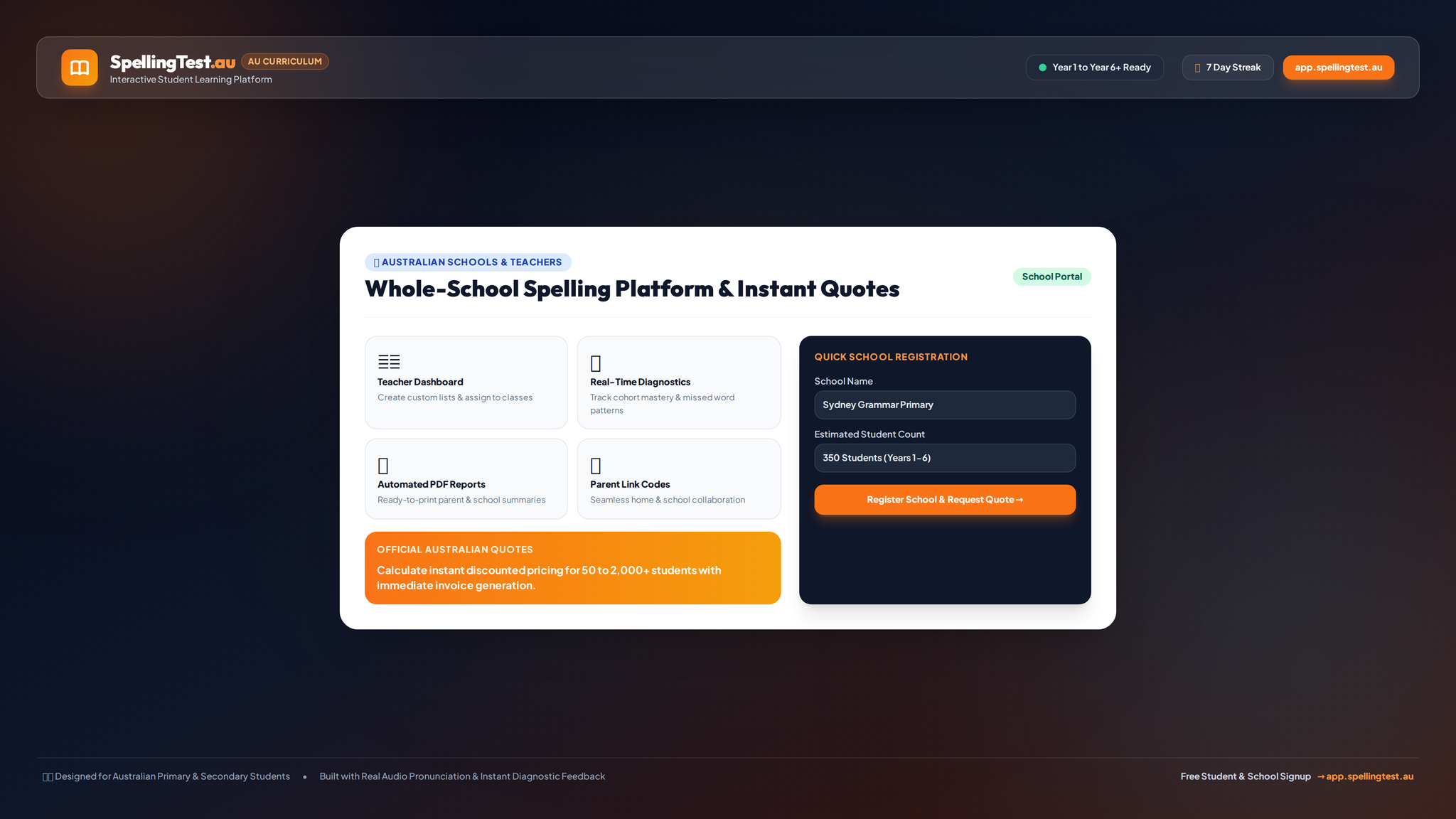 Spelling Test Australian School and Teacher Portal Interface